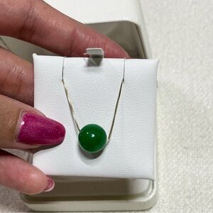 14K Solid Gold Thin Box Chain Green Jade Bead Pendant Necklace